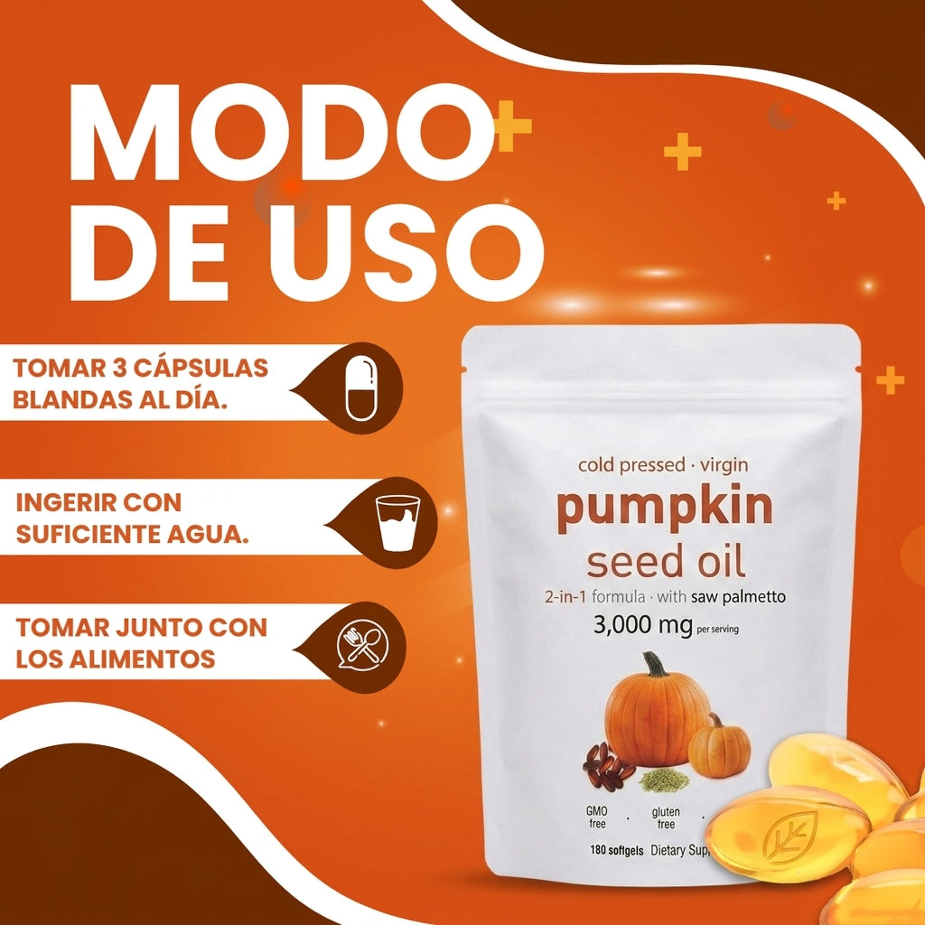 CAPSULAS DE ACEITE DE SEMILLA DE CALABAZA®. Alivia la Prostata y Riñones