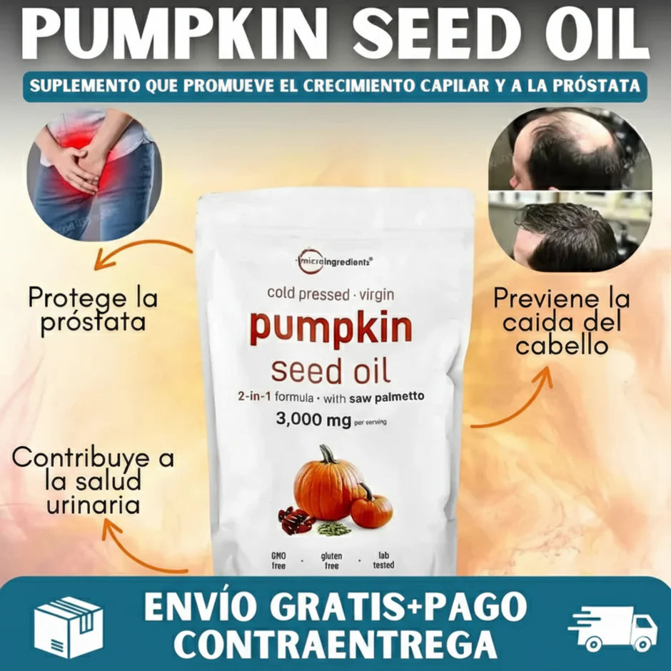 CAPSULAS DE ACEITE DE SEMILLA DE CALABAZA® - 300 Cápsulas (Repara Tu Prostata, Riñones, Vejiga y Bloquea la Caida de Cabello)