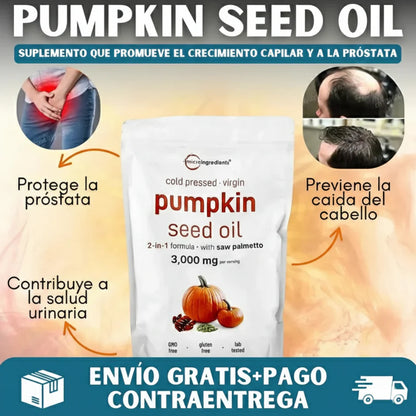 CAPSULAS DE ACEITE DE SEMILLA DE CALABAZA® - 300 Cápsulas (Repara Tu Prostata, Riñones, Vejiga y Bloquea la Caida de Cabello)