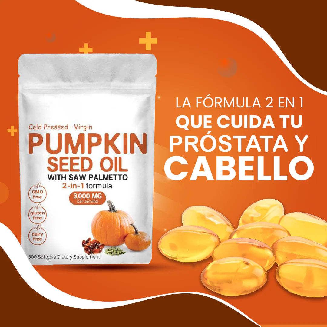 CAPSULAS DE ACEITE DE SEMILLA DE CALABAZA® - 300 Cápsulas (Repara Tu Prostata, Riñones, Vejiga y Bloquea la Caida de Cabello)