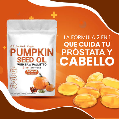 CAPSULAS DE ACEITE DE SEMILLA DE CALABAZA® - 300 Cápsulas (Repara Tu Prostata, Riñones, Vejiga y Bloquea la Caida de Cabello)