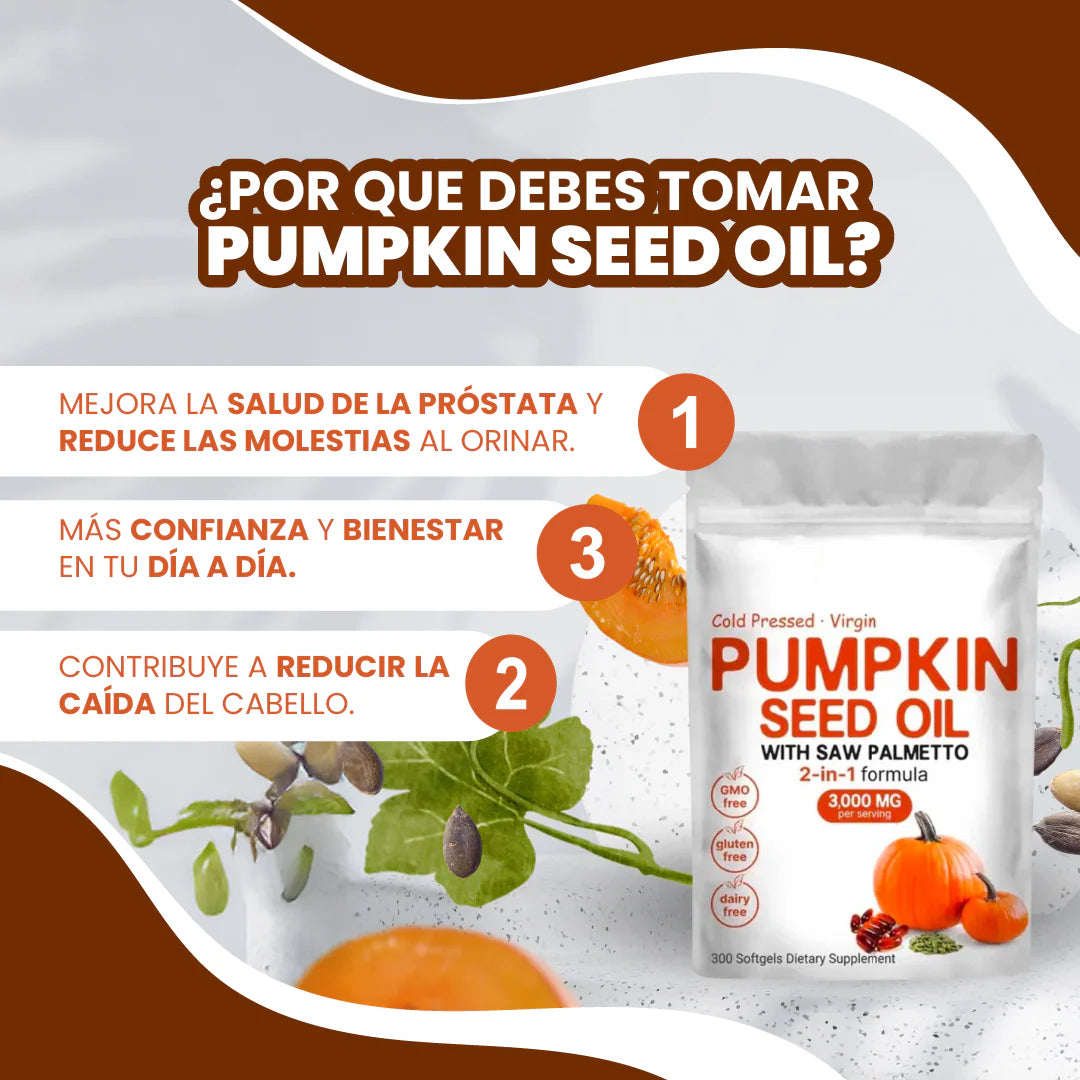 CAPSULAS DE ACEITE DE SEMILLA DE CALABAZA® - 300 Cápsulas (Repara Tu Prostata, Riñones, Vejiga y Bloquea la Caida de Cabello)