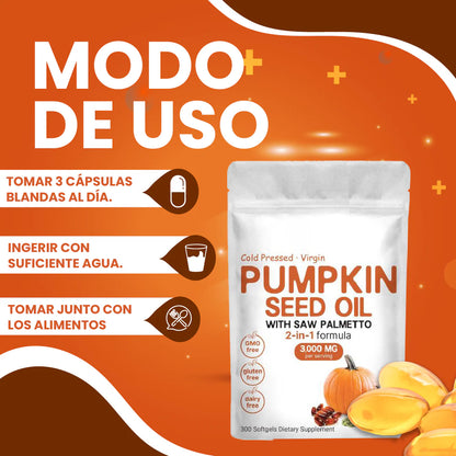 CAPSULAS DE ACEITE DE SEMILLA DE CALABAZA® - 300 Cápsulas (Repara Tu Prostata, Riñones, Vejiga y Bloquea la Caida de Cabello)