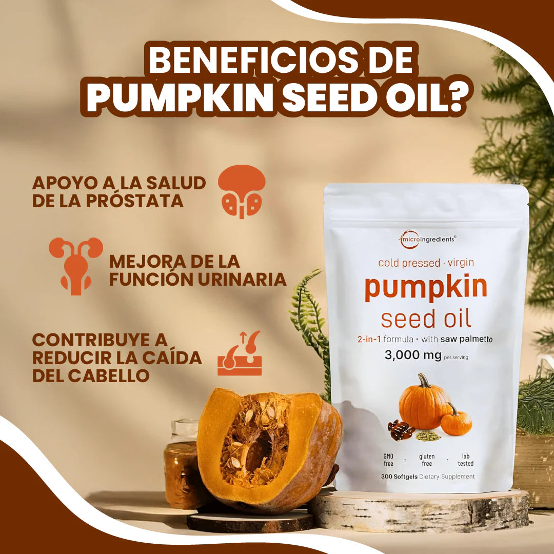 CAPSULAS DE ACEITE DE SEMILLA DE CALABAZA® - 300 Cápsulas (Repara Tu Prostata, Riñones, Vejiga y Bloquea la Caida de Cabello)