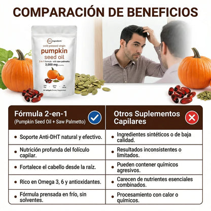 CAPSULAS DE ACEITE DE SEMILLA DE CALABAZA® - 300 Cápsulas (Repara Tu Prostata, Riñones, Vejiga y Bloquea la Caida de Cabello)